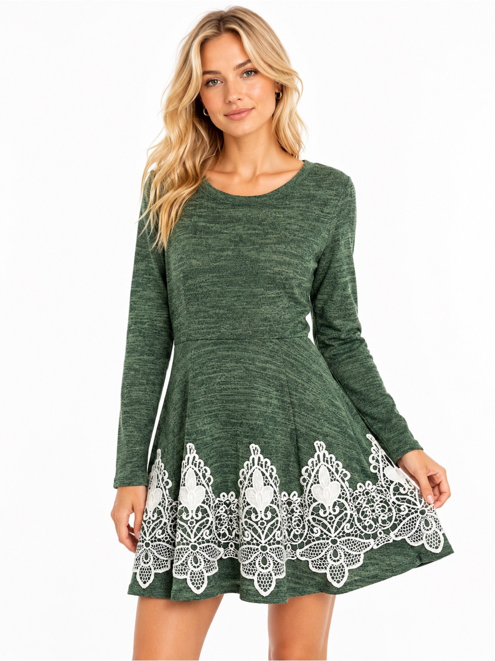 Altar'd State Size XL Long‑Sleeve Green Skater Boho Dress with White Lace Hem
